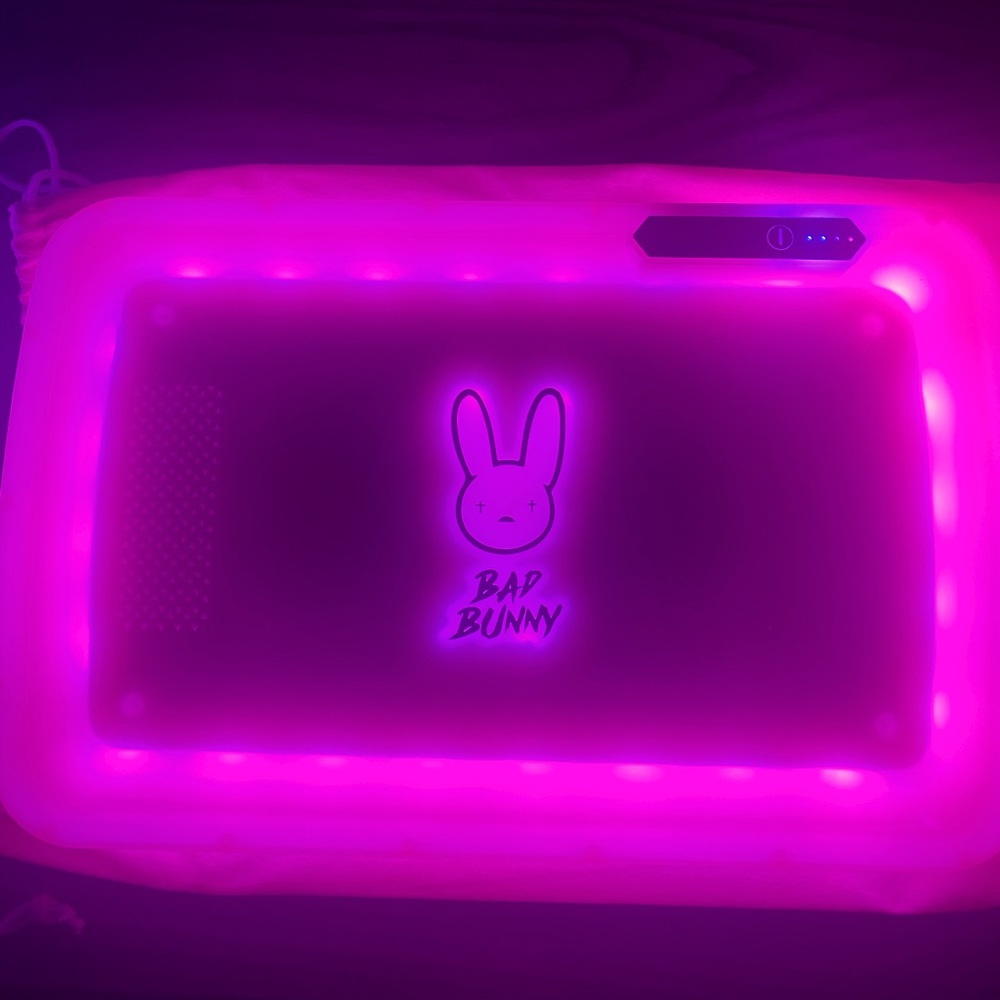 Pink LED Bad Bunny Logo Rolling Tray with 7 color variations & built-in grinder